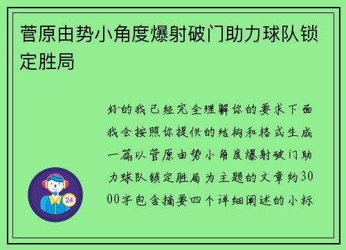 菅原由势小角度爆射破门助力球队锁定胜局